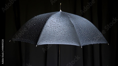 A sleek black umbrella with raindrops glistening on top