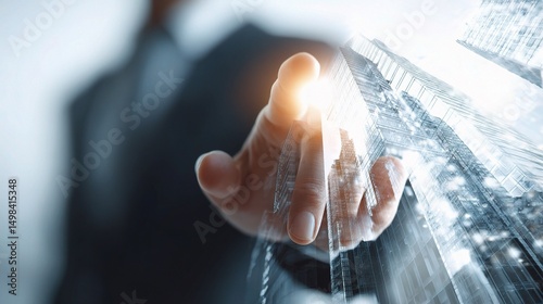 Businessman Touching Virtual Interface in Modern City Environment