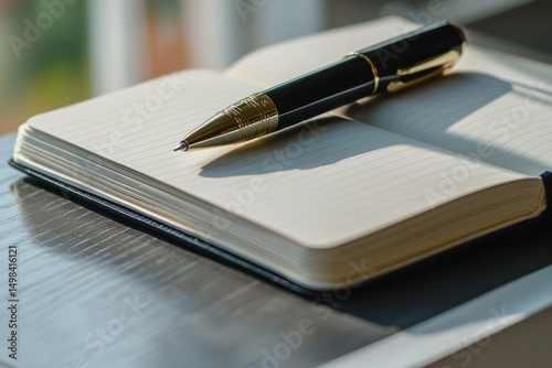 A sleek pen writing on an open notebook