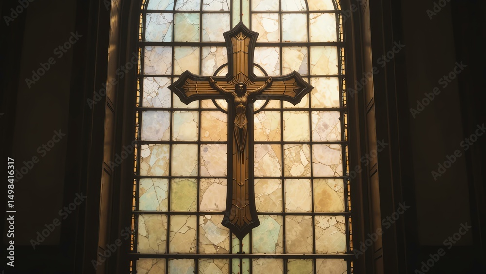 Naklejka premium A beautifully crafted stained glass window featuring a cross, illuminated by natural light, creating a serene atmosphere.