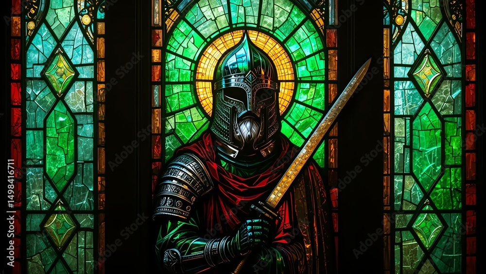 Obraz premium A majestic stained glass window depicting a knight in shining armor, holding a sword against colorful glass panels.