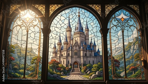 A stunning stained glass window depicting a majestic castle surrounded by vibrant landscapes and soft natural light.