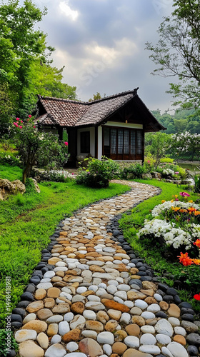 An old stone house with architecture in a park garden landscape shows nature with trees and a path