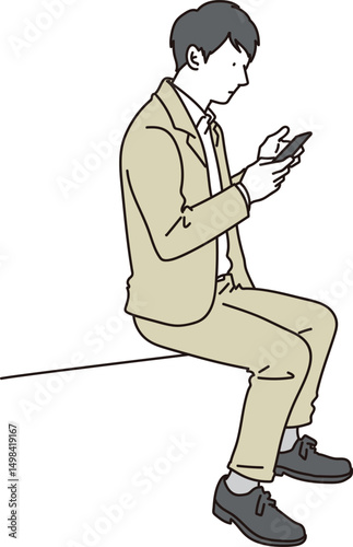 座ってスマホを見る男性のイラスト素材