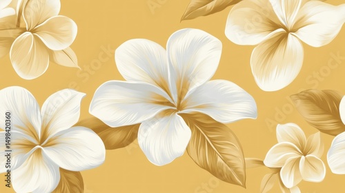 Floral print pattern of plumeria flowers in cream and gold on a mustard background
