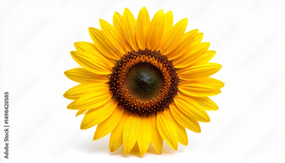 Fototapeta premium A vibrant yellow sunflower with a dark center is displayed against a white background.