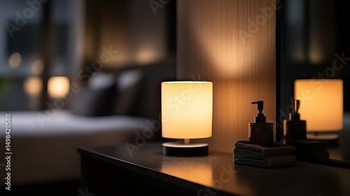 Warm Lamp Illuminates Bedroom Interior Featuring Bedside Table with Toiletries and Mirror Reflection