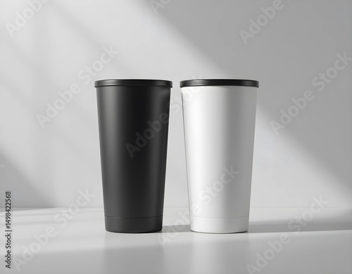 A realistic image of two plain tumblers, one in matte black and one in matte white, standing side by side on a clean, neutral background.