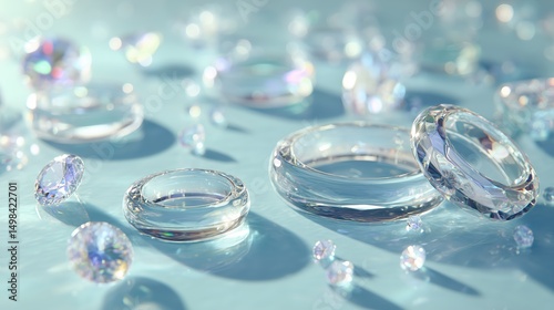 Rings with big diamonds shine in soft light. Rainbow colors reflect around them.