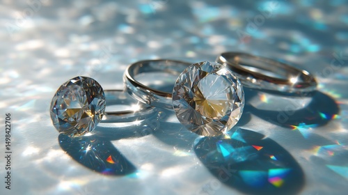 Rings with big diamonds shine in soft light. Rainbow colors reflect around them.