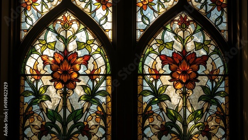 Stained glass window featuring vibrant floral designs, showcasing intricate craftsmanship and colorful artistry.