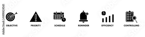 Time management banner web icon vector illustration concept with icon of objective, priority, schedule, reminder, efficiency, alerts, and controlling