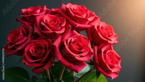 Big bunch of red roses with some stems exposed and leaves in the background, roses, decorative centerpiece, decorative item