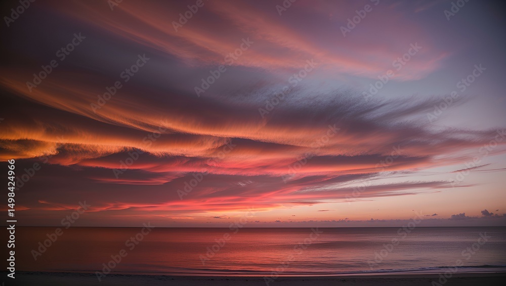 Fototapeta premium A breathtaking sunset over a secluded beach, with the sky and water blending into vibrant hues of orange, pink, and purple