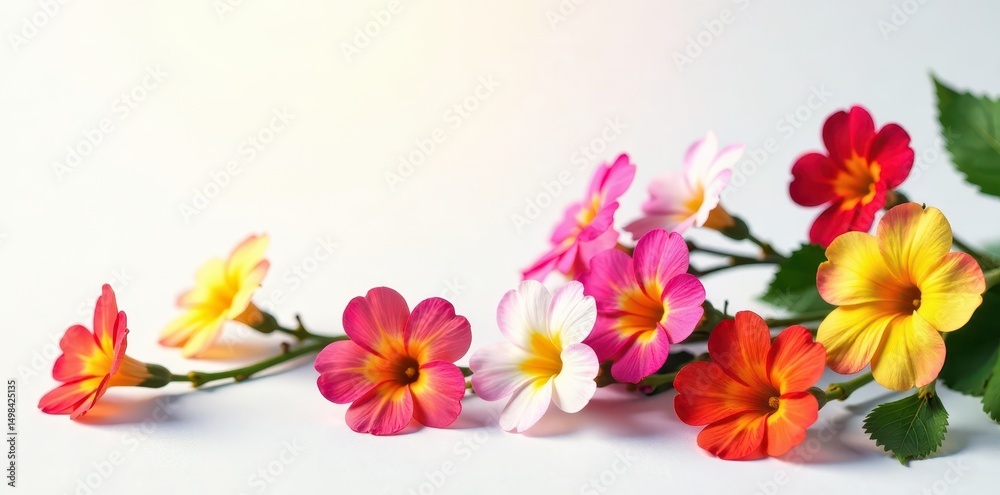 Obraz premium Colorful primroses in loose bunches scattered on a pristine white background, white background, botanical, flowers