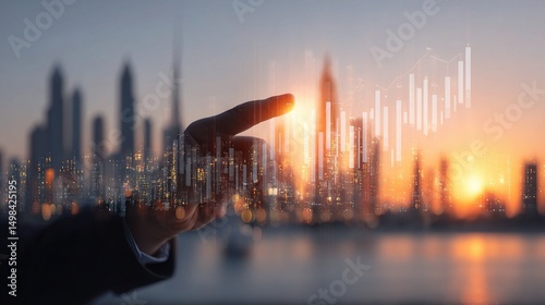 Financial Analyst Pointing to Virtual Chart with City Background