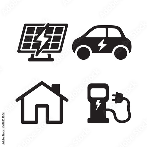 A set of four bold, black silhouette icons representing renewable energy, electric power, and sustainable technology.