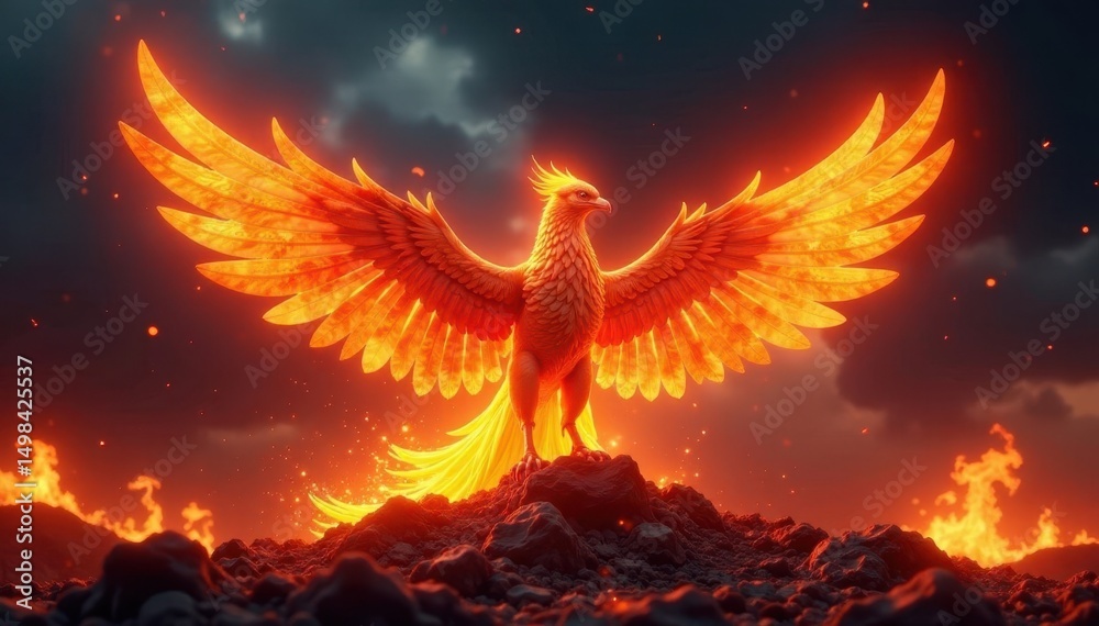 Digital flame animation of phoenix rising from ashes , fiery, mythical bird, digital art Digital flame animation of phoenix rising from ashes , fiery, mythical bird, digital art