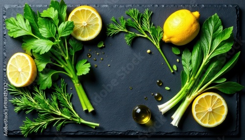 Fototapeta Naklejka Na Ścianę i Meble -  Fresh herbs arranged on a black slate board with lemon slices and olive oil, food prep, kitchen, gastronomy