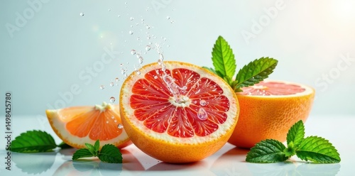 Freshly squeezed water splash on a juicy grapefruit, releasing its refreshing scent amidst the crispness of fresh mint leaves, fruit, nutrition, juice
