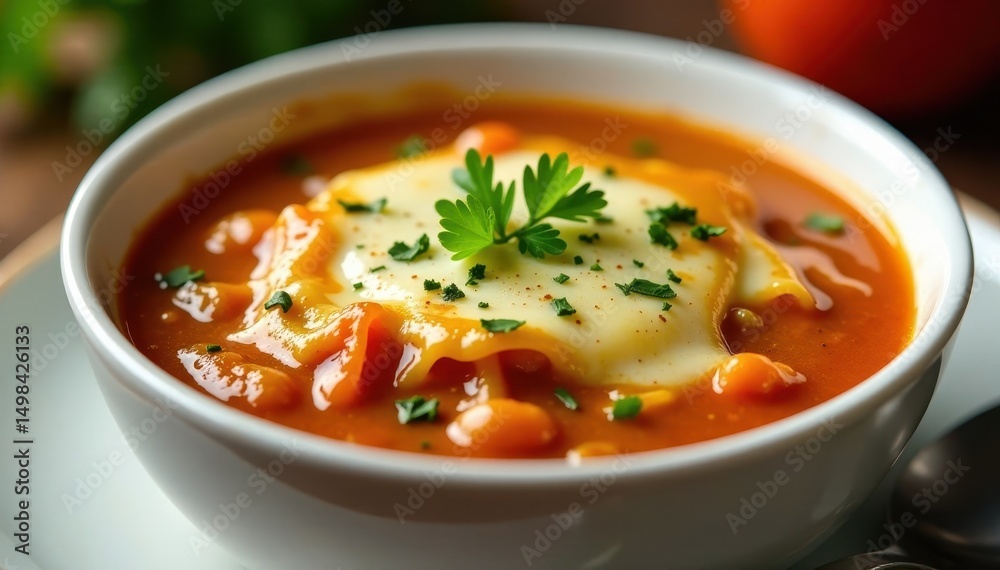 Melted cheese and fresh herbs on top of a warm French onion soup in a white ceramic bowl , herbs, aroma, ceramic Melted cheese and fresh herbs on top of a warm French onion soup in a white ceramic bowl , herbs, aroma, ceramic