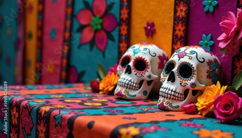 Papel picado and sugar skulls on a colorful altar, cultural symbols, altar, traditional