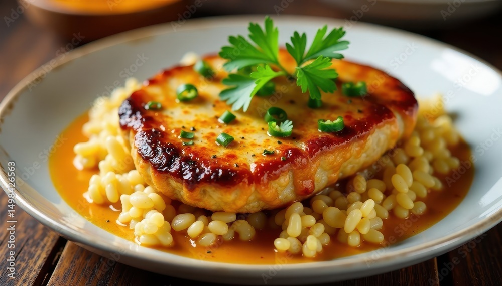 Sizzling pork cutlet on a bed of rice with curry sauce, savory, meal, Asian cuisine Sizzling pork cutlet on a bed of rice with curry sauce, savory, meal, Asian cuisine