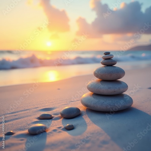 Serene Zen stones scattered on white sandy beach at sunrise, beach, peaceful, stones
