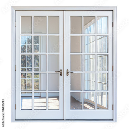 a pair of white double doors with glass panels set in their upper halves. the doors are closed and appear to be fitted with metal hinges at the top corners