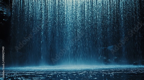Dramatic Dark Blue Rain Waterfall Nature Background Image Powerful Water Sheer Drops Intense Deep Blue Color Moody Atmosphere Tranquil Peaceful Serene Scene  Waterfall Photography 