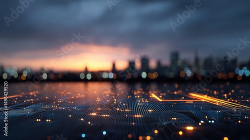 Dusk Skyline Blending with Abstract Circuit Pattern at Night