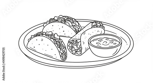 Serving Plate with Tacos, Burrito and Dip Line Art