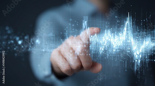Finance Expert Pointing at Holographic Data Visualization Concept