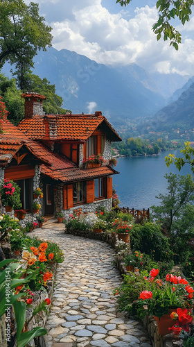 A traditional house with a roof offers a scenic view of the mountain landscape near a lake and river, making it ideal for travel and tourism in a natural setting