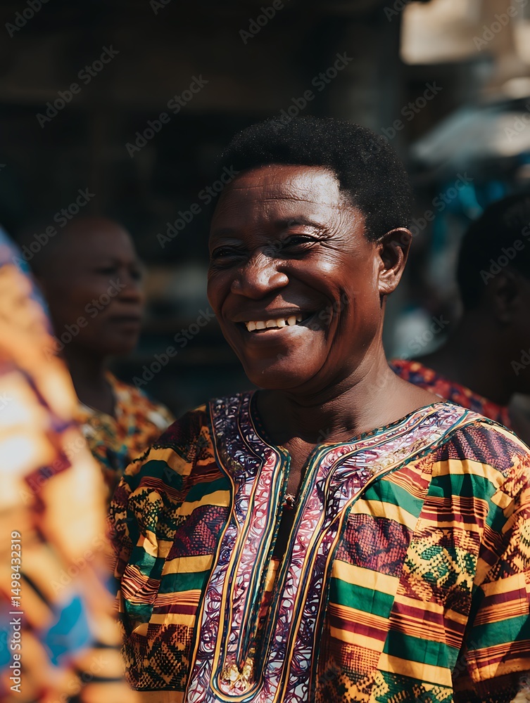 Obraz premium Portrait of a Smiling African Woman in Vibrant Traditional Clothing.