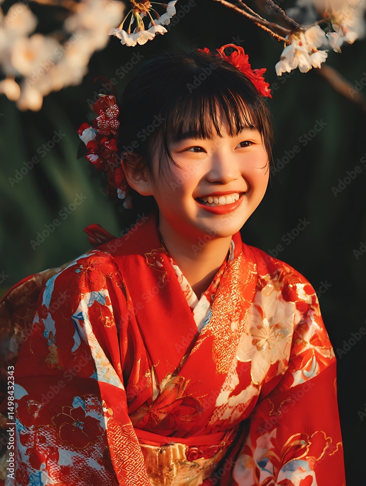 Happy Girl in Traditional Red Kimono Under Cherry Blossoms. Happy Girl in Traditional Red Kimono Under Cherry Blossoms.