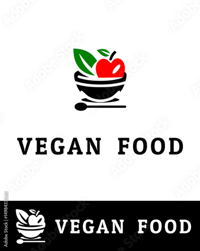 healthy food logo, Colorful vegan food logo featuring an apple and leaves in a bowl with a spoon