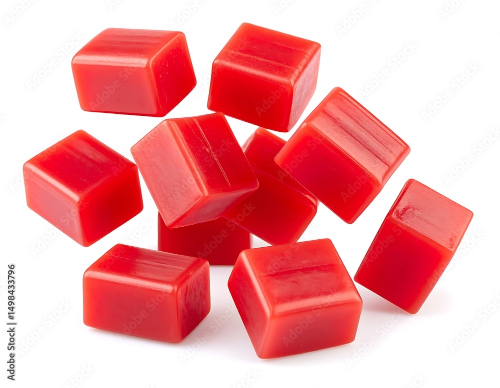 Red Square Candies Falling, Sweet Treats, Delicious Cubes, Gummy, Tasty Red Square Candies Falling, Sweet Treats, Delicious Cubes, Gummy, Tasty