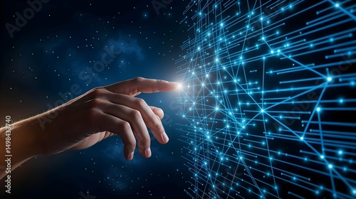 A human hand touching a bright spot on a blue digital grid, dark blue starry background