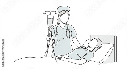 Nurse Caring for Patient in Bed with Iv Drip Line Art