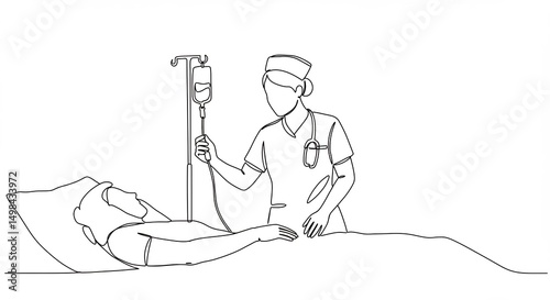 Nurse Checking Patient Iv Drip in Hospital Bed Single Line Art