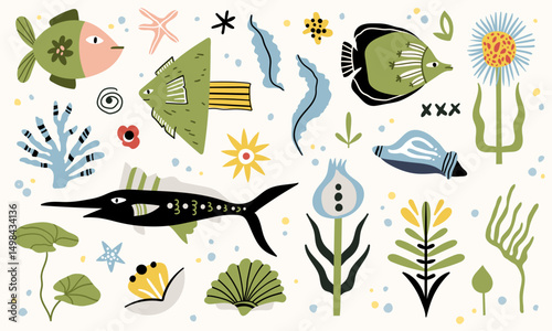Folk hygge ocean clip arts, hand drawn vector set in Scandinavian Nordic style, isolated on white. Collection of classic ethnic elements. The scandi folk motifs - fishes, flowers, and sea animals set