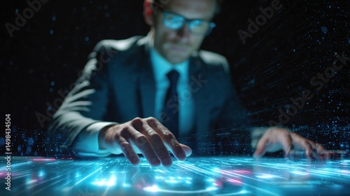 Businessman at Desk Using Glowing Touch Technology Interaction