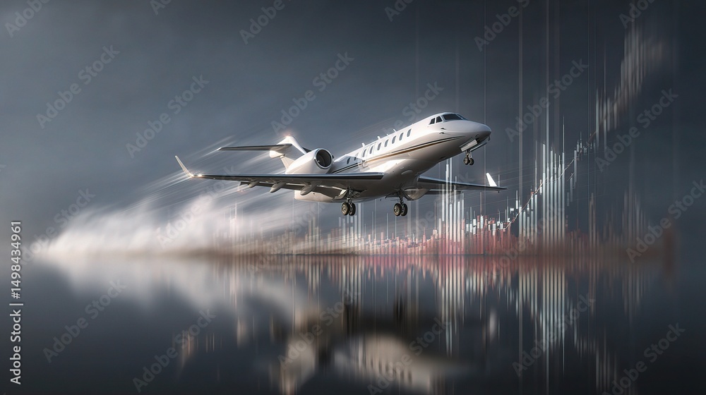 Obraz premium Business Jet Taking Off with Rising Profit Graph Background