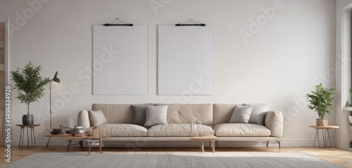 Modern living room, poster mockup on white wall with wooden clips,  frame,  minimalist,  photography