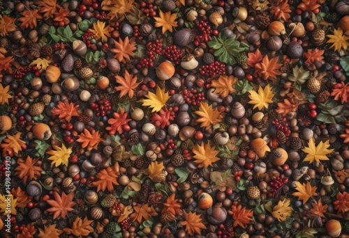 Crisp morning light on colorful autumn foliage, acorns, and berries , element, autumn