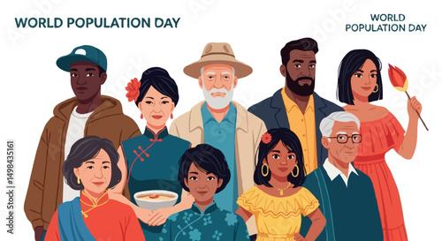 Vector Illustration of Diverse People from Different Cultures and Ages Representing Global Population Day Concept