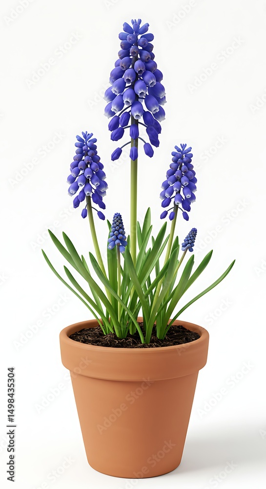 Naklejka premium Blue muscari bloom in terracotta pot