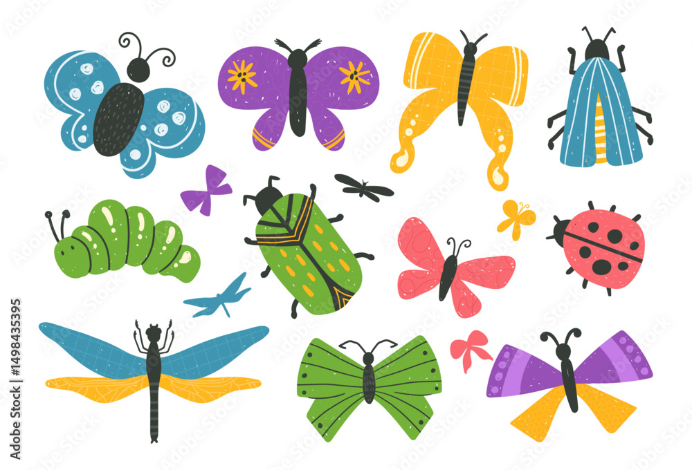 Naklejka premium Isolated cliparts on white background, a set of folk naive bold insects such as butterflies, beetles, ladybug, and caterpillar in a cheerful, bright hand-drawn vector