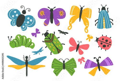 Isolated cliparts on white background, a set of folk naive bold insects such as butterflies, beetles, ladybug, and caterpillar in a cheerful, bright hand-drawn vector